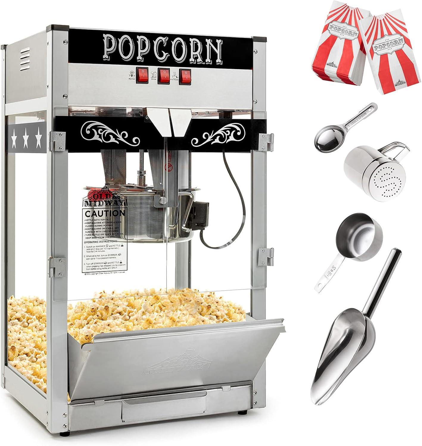 Olde Midway Commercial Popcorn Machine, Bar Style Popper with 12 Ounce Kettle, Black