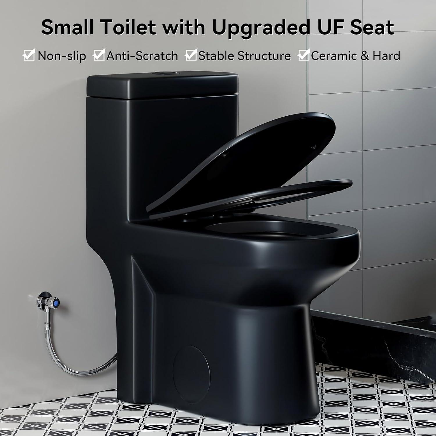 Nia Small Compact One Piece Toilet, Power Dual Flush Toilet, Water Saving Toilet With Soft Closing Seat, Quick Release & UF Sea