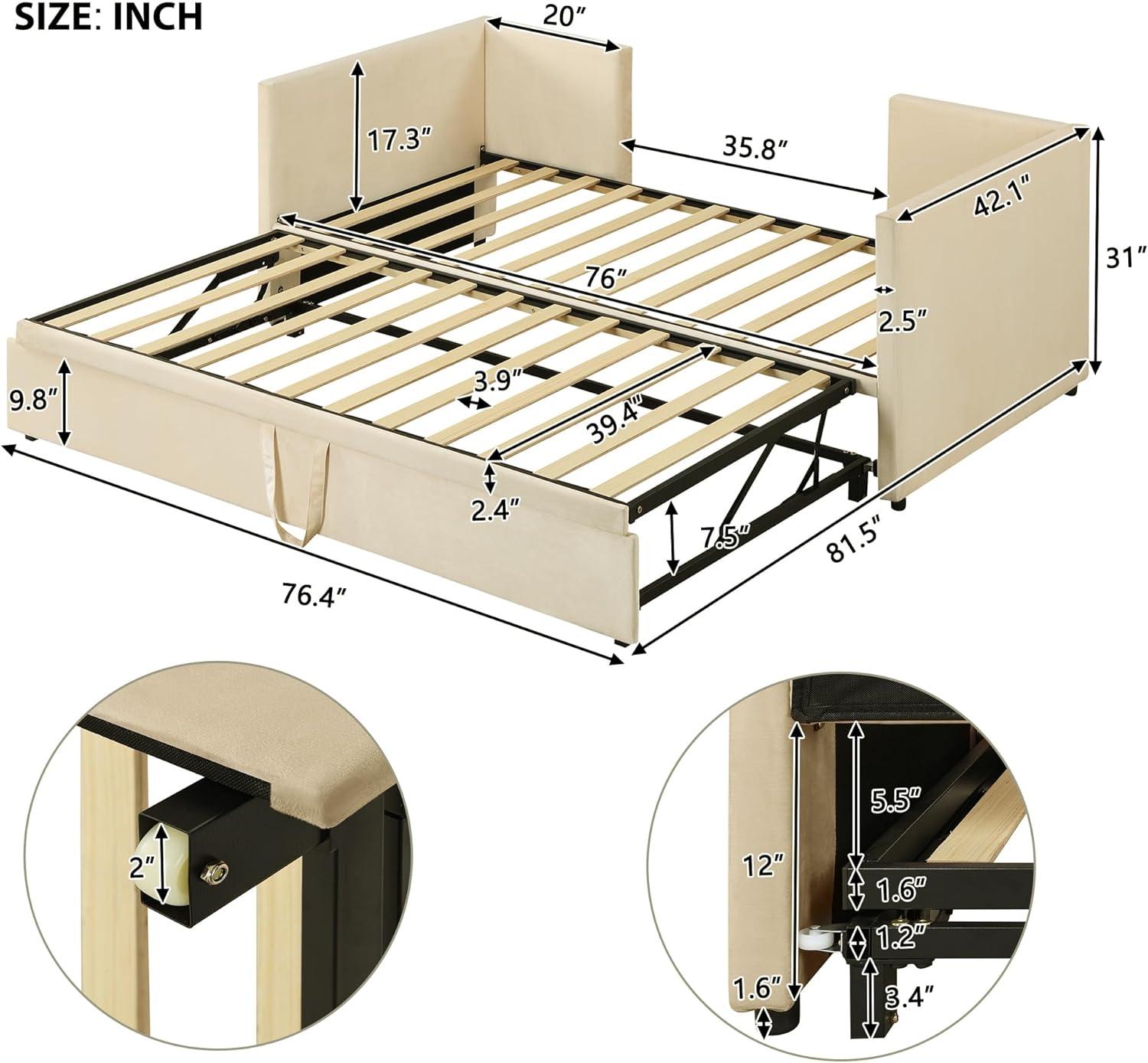 Twin Size Upholstered daybed with Extendable Trundle, Gray