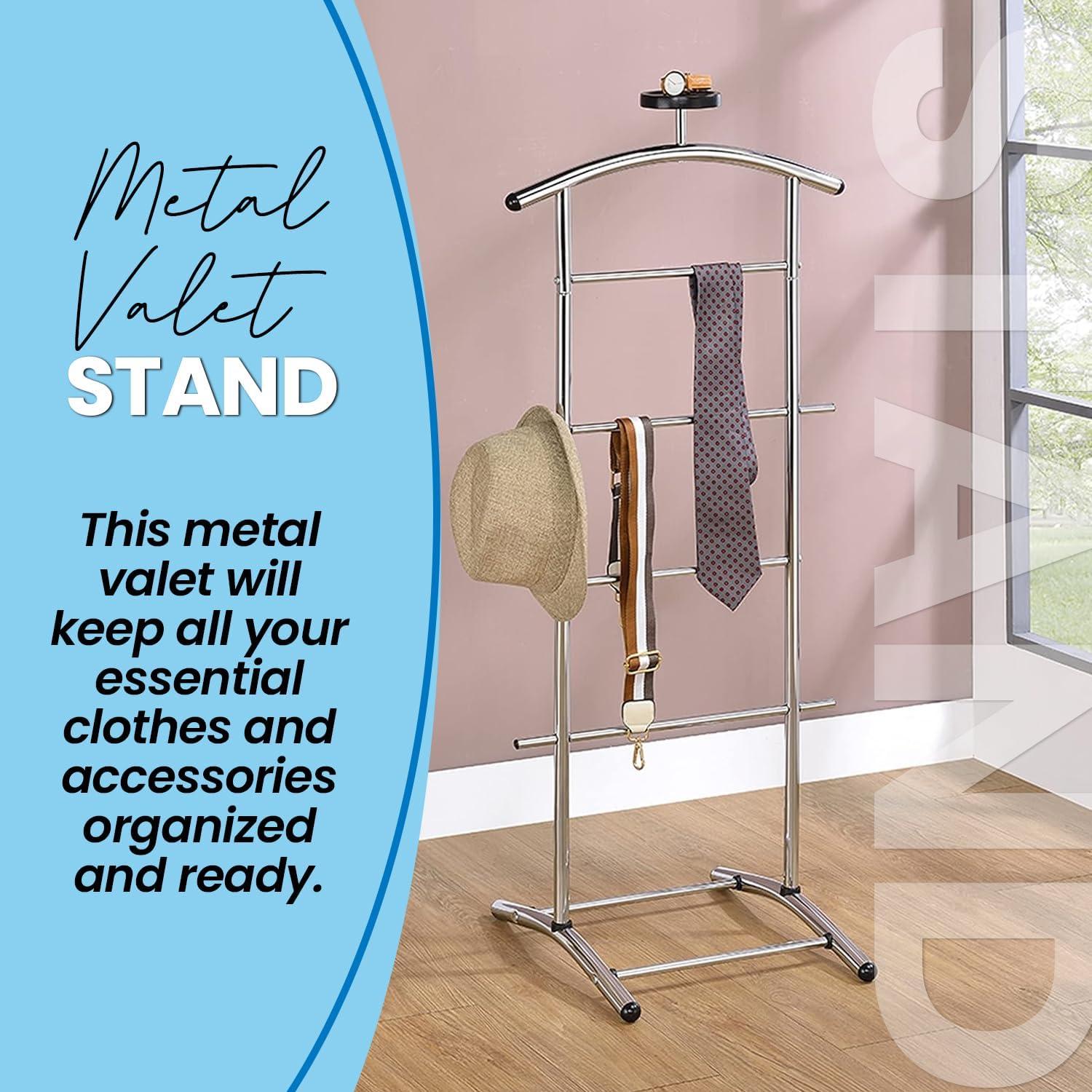 Chrome Metal Suit Valet Stand with Accessory Shelf