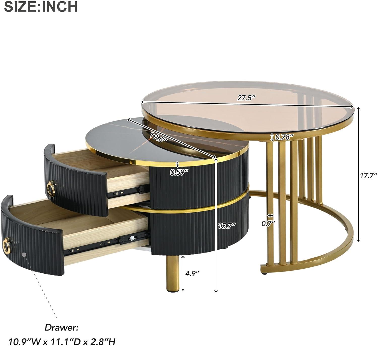 Modern Round Nesting Coffee Table Fluted with Drawer Multiple End Tables Utility Table Telephone Table for Living Room Office Bedroom Balcony, White & Gold