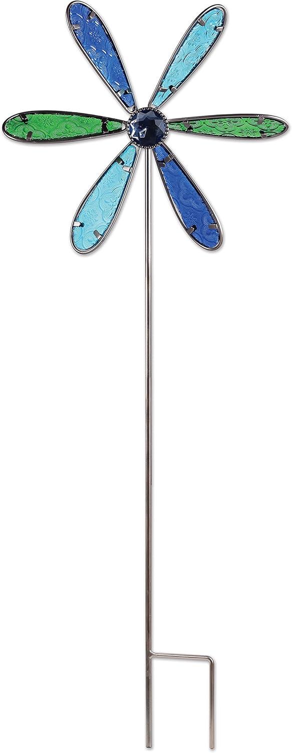Colorful Blue Green Glass and Metal Garden Wind Spinner Stake