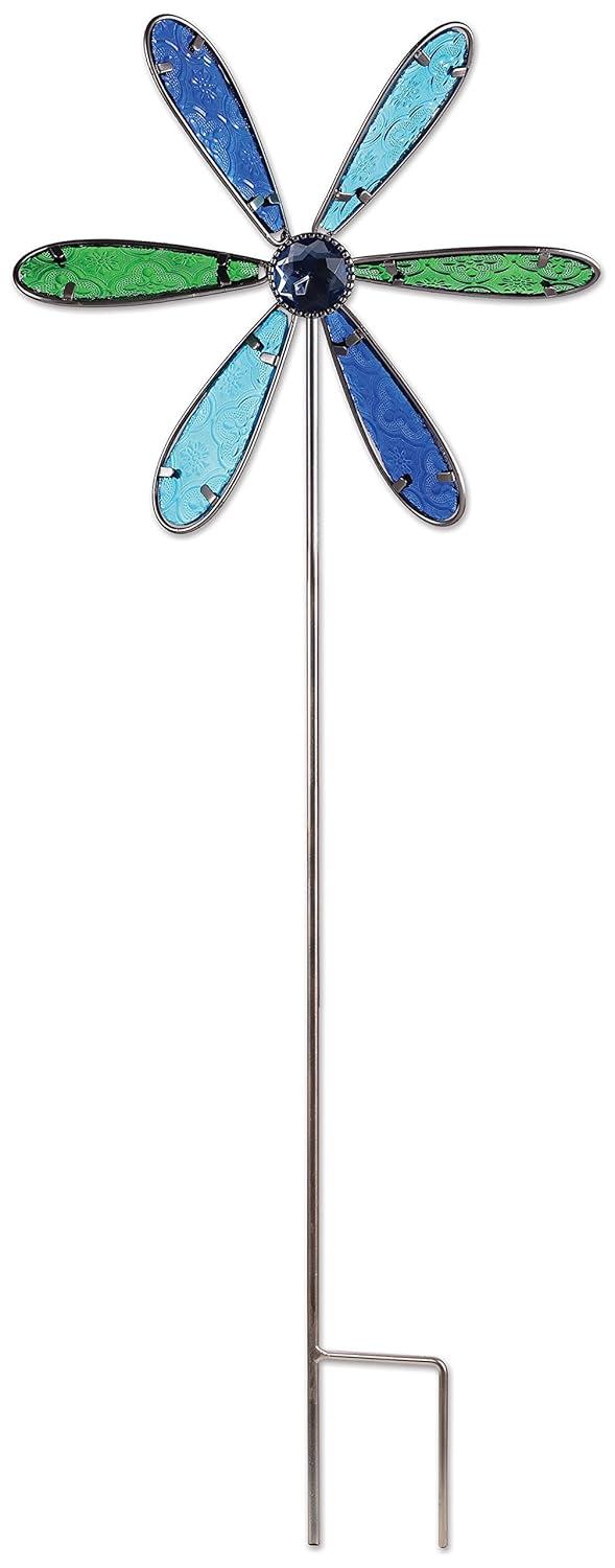 Colorful Blue Green Glass and Metal Garden Wind Spinner Stake