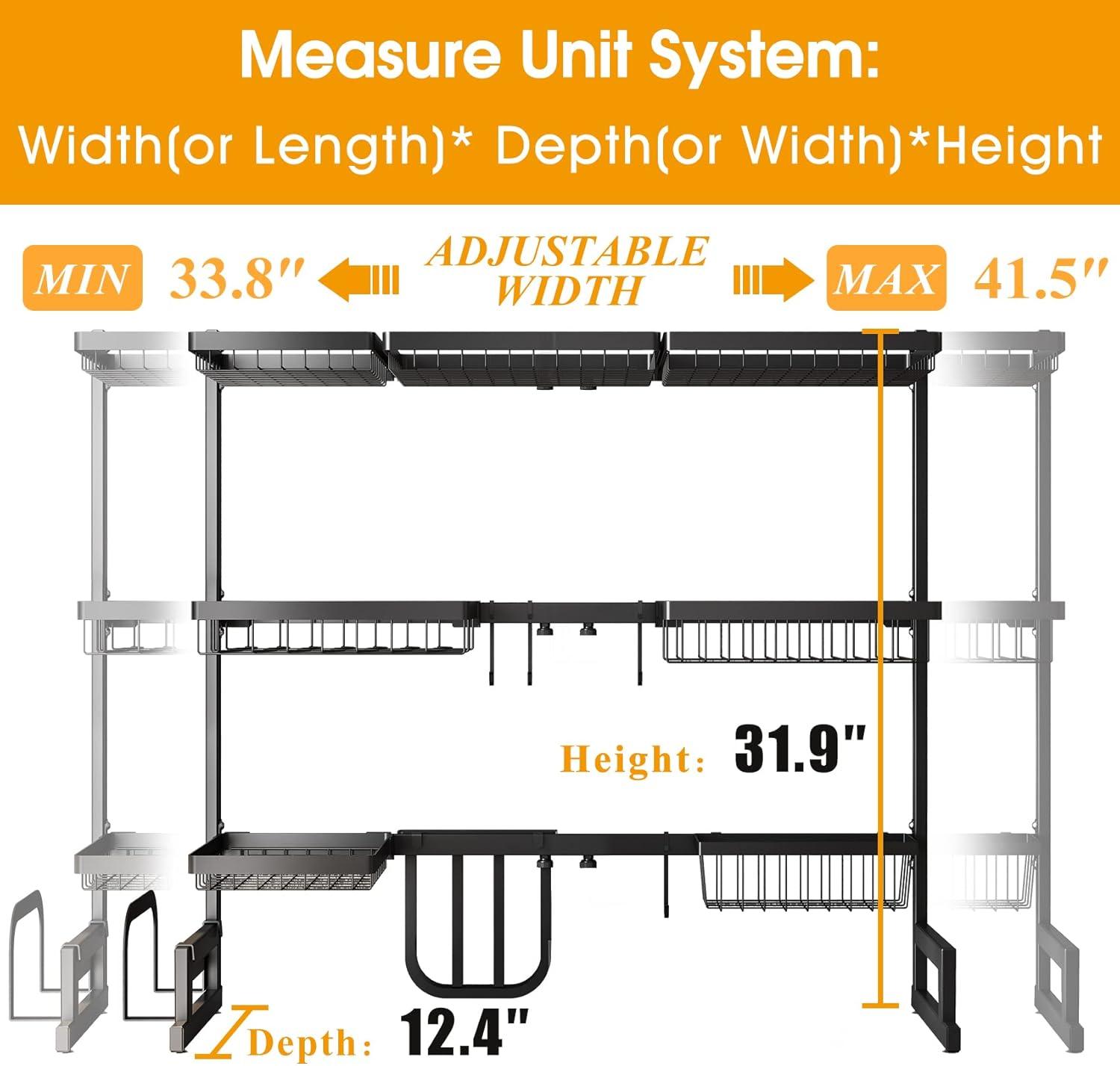 Over The Sink Dish Drying Rack, 3 Tier Adjustable (33.8 to 41.5 inch) Large Capacity Kitchen Counter Dish Drying Rack with Fruit Basket Utensil Holder Sink Caddy Cup Holder, Black