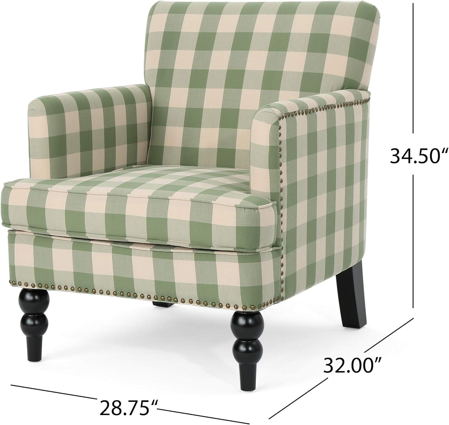 Breezy Hillside Green Checkerboard Handcrafted Wood Club Chair