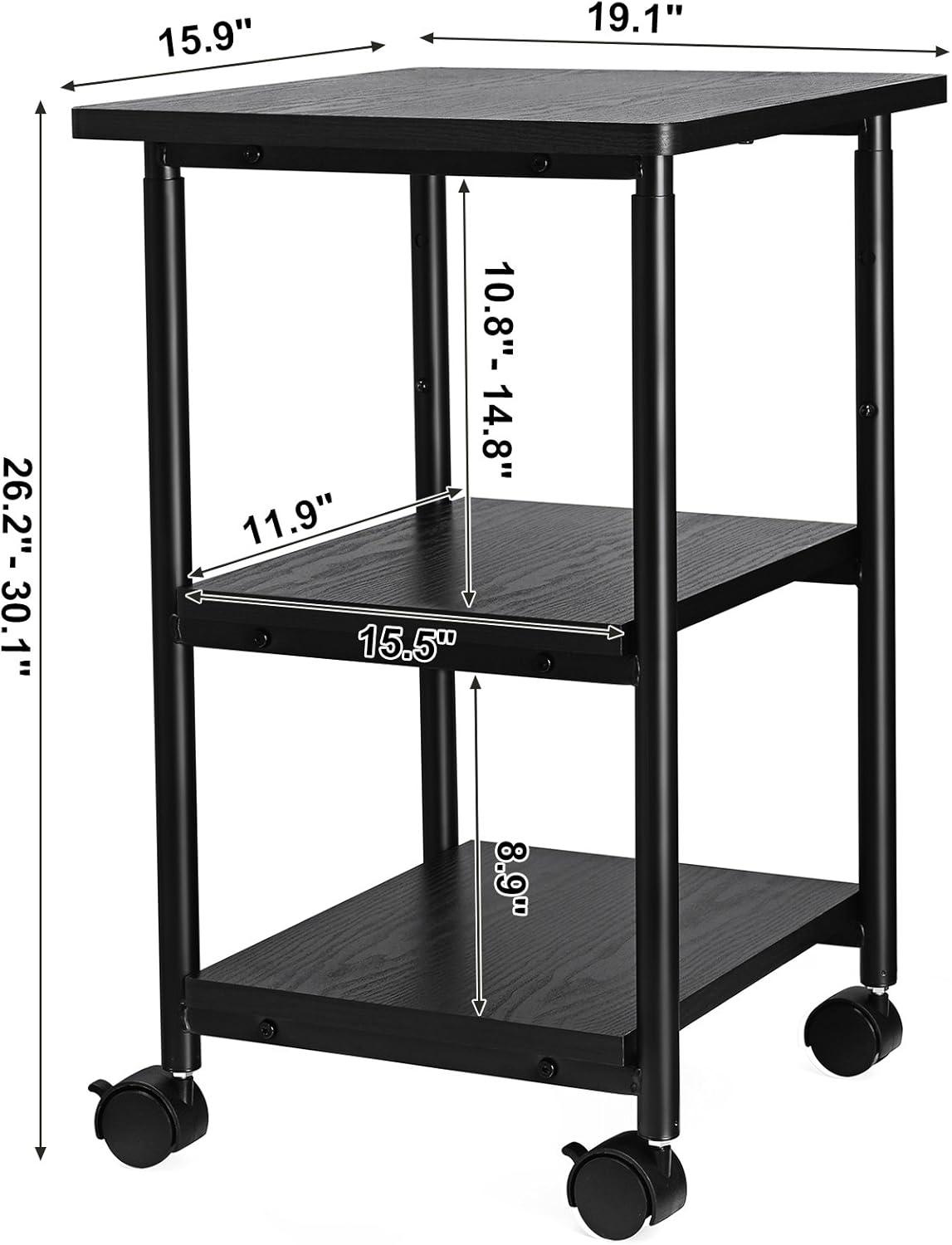 Adjustable Black Metal 3-Tier Printer Stand with Wheels