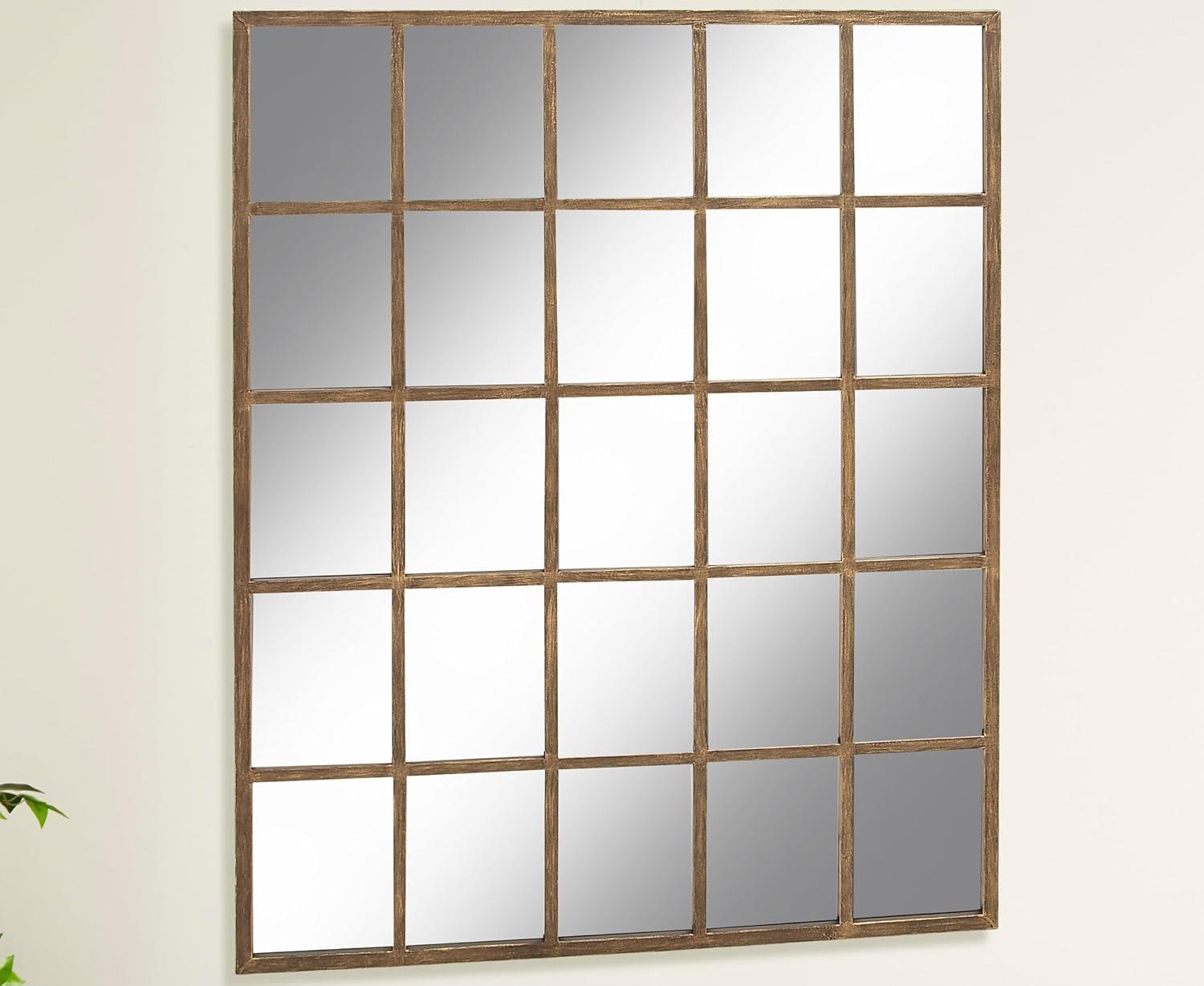 DecMode Contemporary Squre Wood Window Shaped Wall Mirror, 56"W x 44"H with Distressed Brass Colored Frame