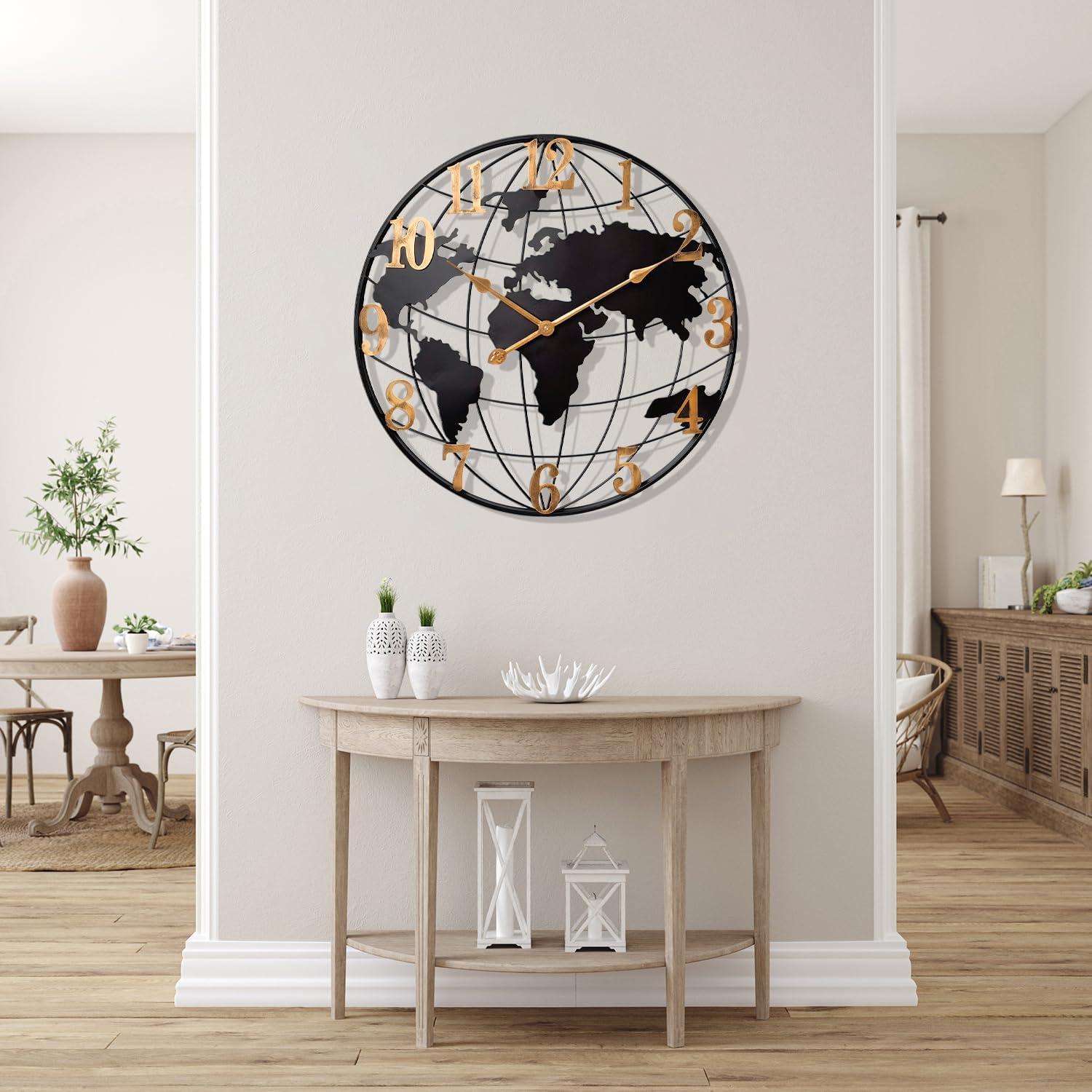 24-Inch Black and Gold Iron World Map Wall Clock