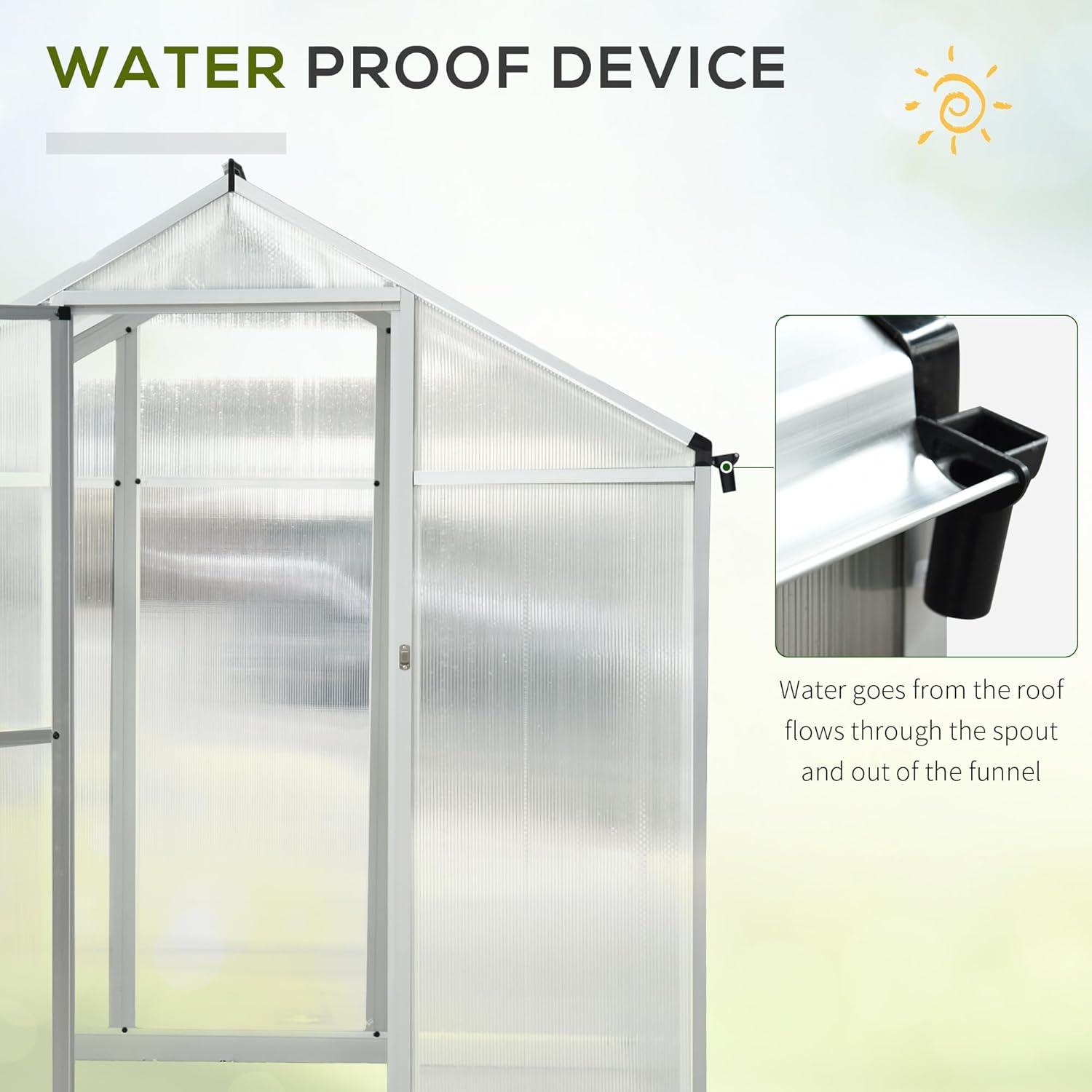 Outsunny Walk-In Polycarbonate Greenhouse with Roof Vent for Ventilation & Rain Gutter, Hobby Greenhouse for Winter