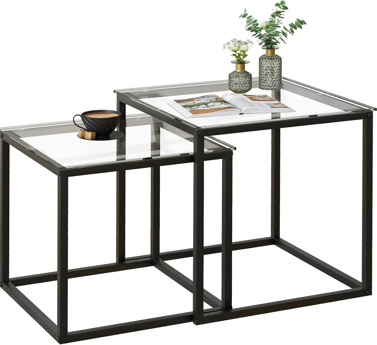 Coffee Table Set of 2, Modern Black Wooden Side Table, Metal Frame Square End Table, Center Tables,Nesting Coffee Table for Living Room,Bedroom and Small Spaces