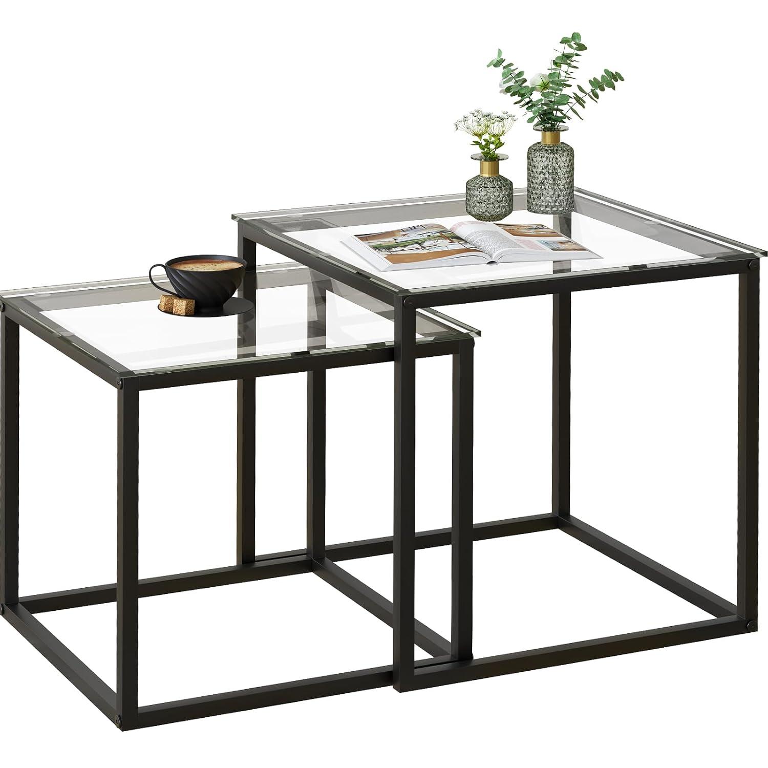 VILAWLENCE Coffee Table Set of 2, Modern Black Patterned Glass Side Table, Metal Frame Square End Table, Center Tables Nesting Coffee Table for Living Room,Bedroom and Small Spaces