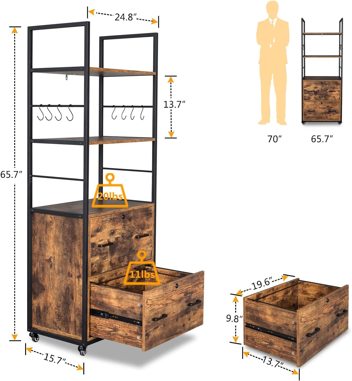 Rustic Brown 2-Drawer Lockable Lateral File Cabinet with Shelves