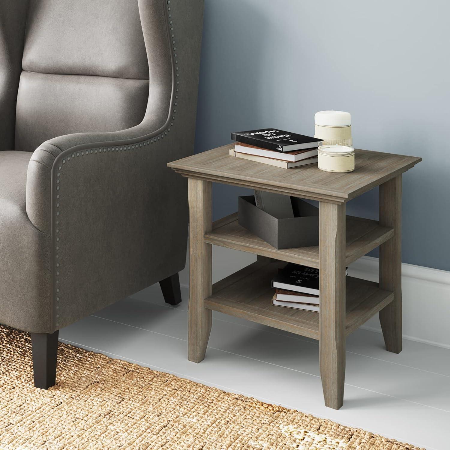 Distressed Gray Solid Wood Square End Table with Shelves