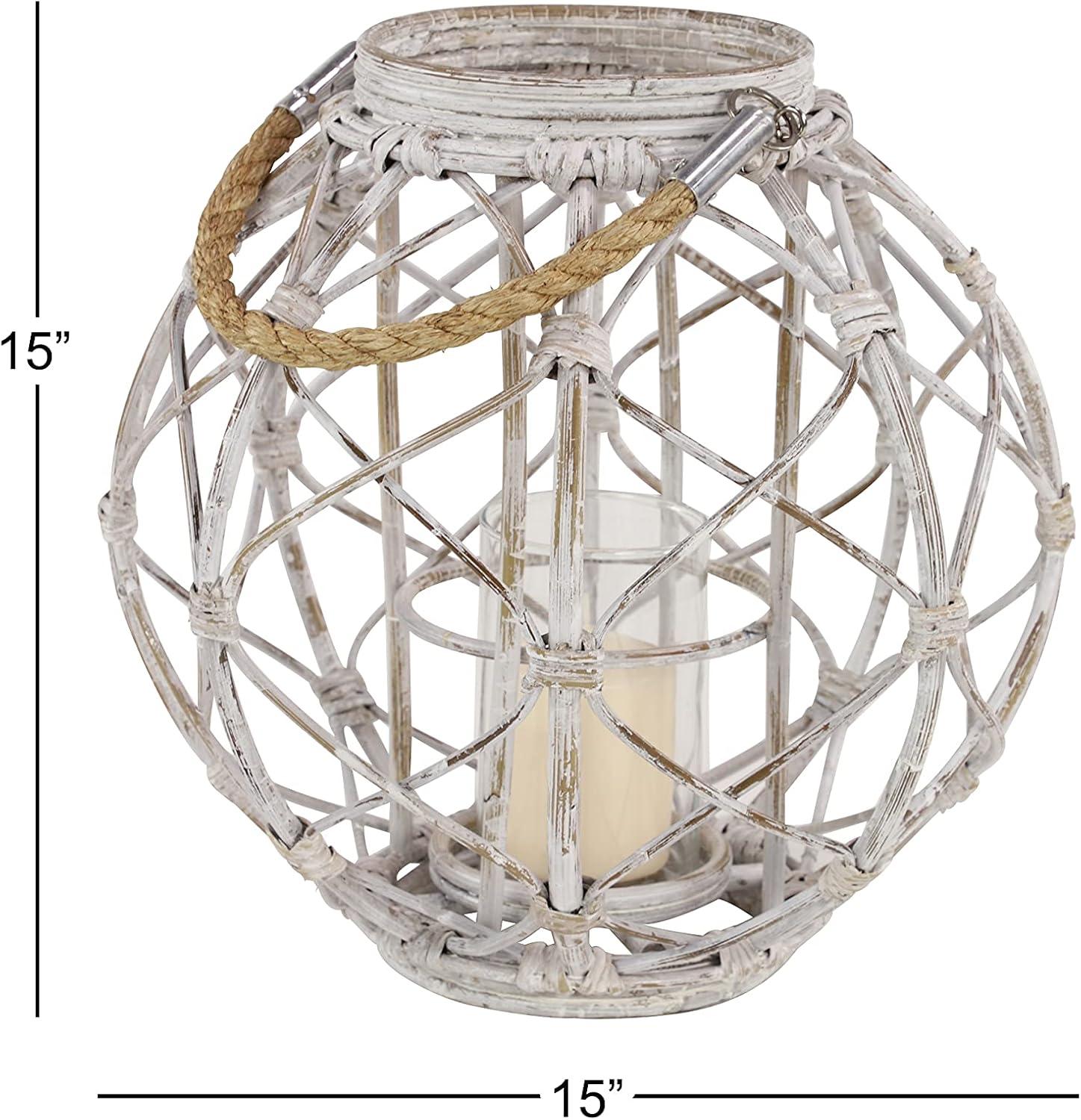 Decmode Large Round Woven Rattan White Lantern with Burlap Jute Rope Handle and Glass Insert, 15” x 15”