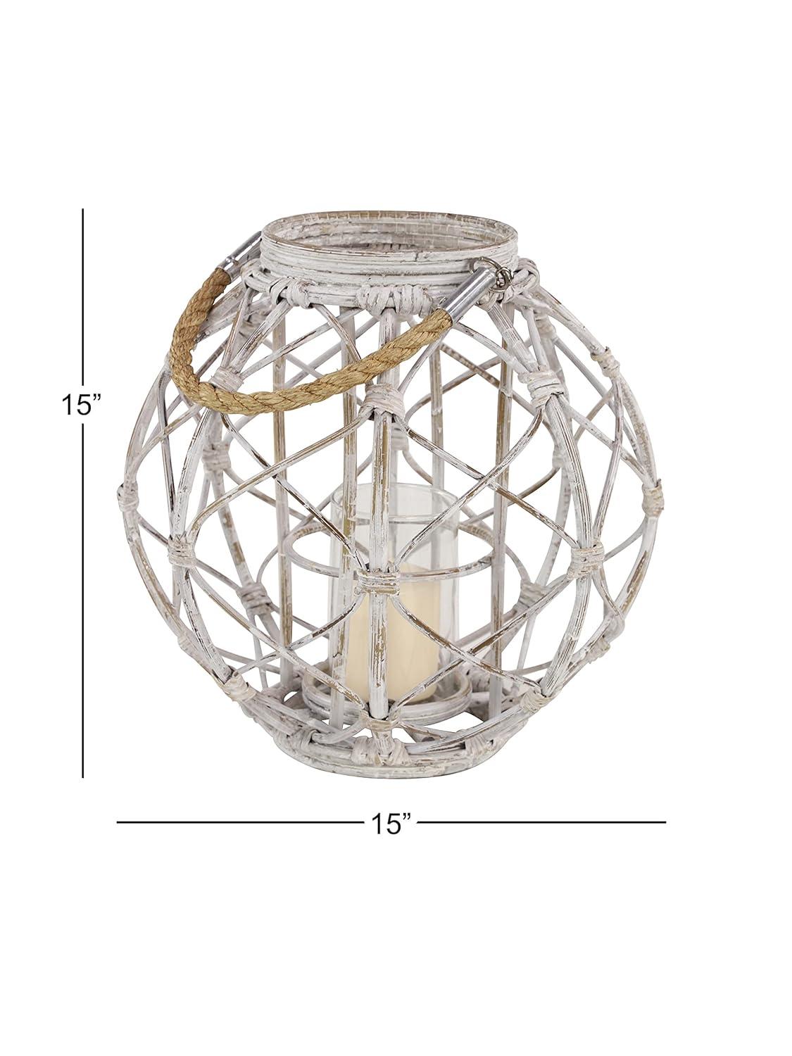Decmode Large Round Woven Rattan White Lantern with Burlap Jute Rope Handle and Glass Insert, 15” x 15”