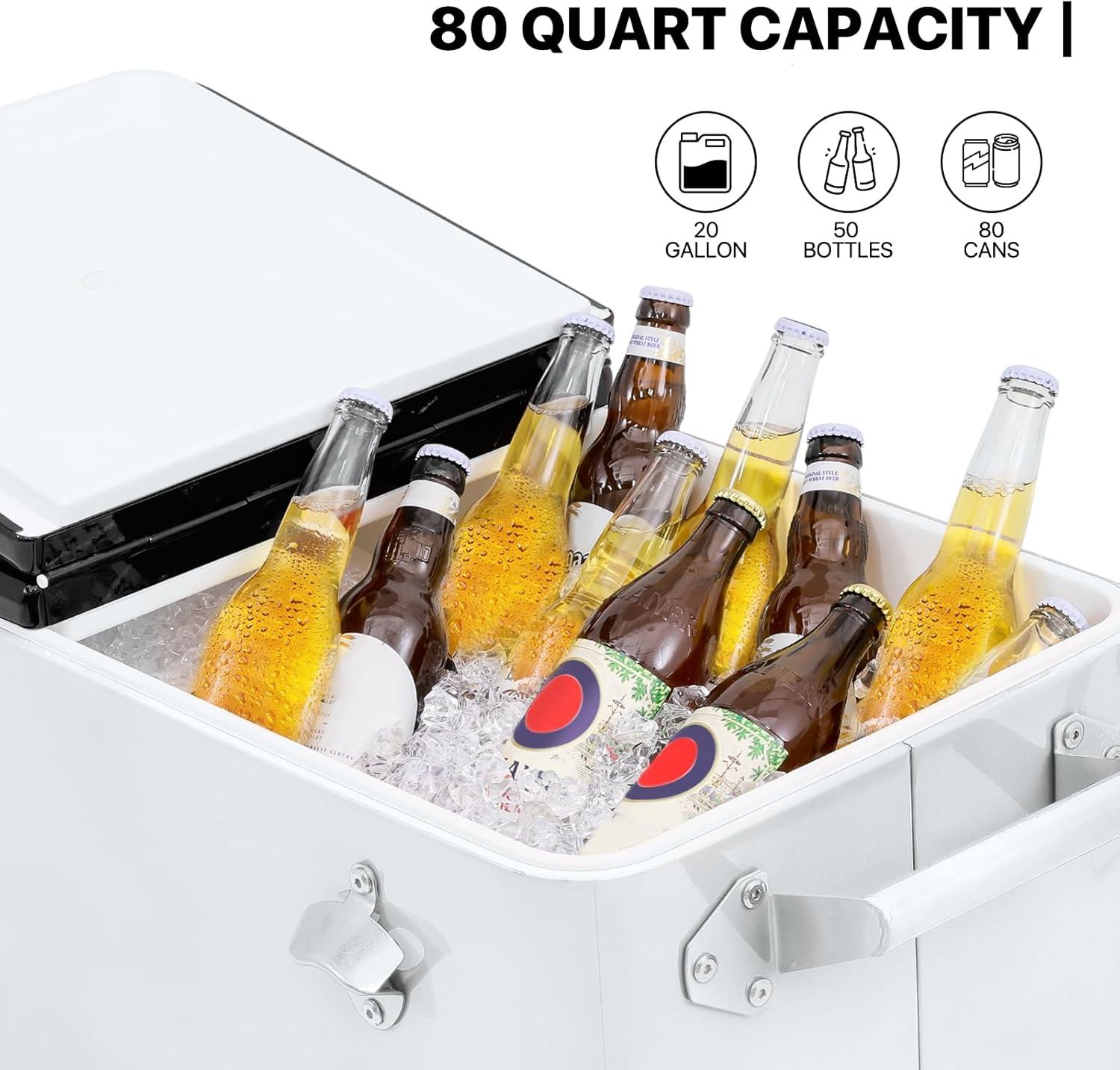 MADOG Portable Rolling Cooler Cart 80 Quart, Ice Chest Cart Trolley on Wheels Outdoor Beverage Cooler Ice Chest with Ice Scoop, Catch Tray, Drain Plug and Bottle Opener, White