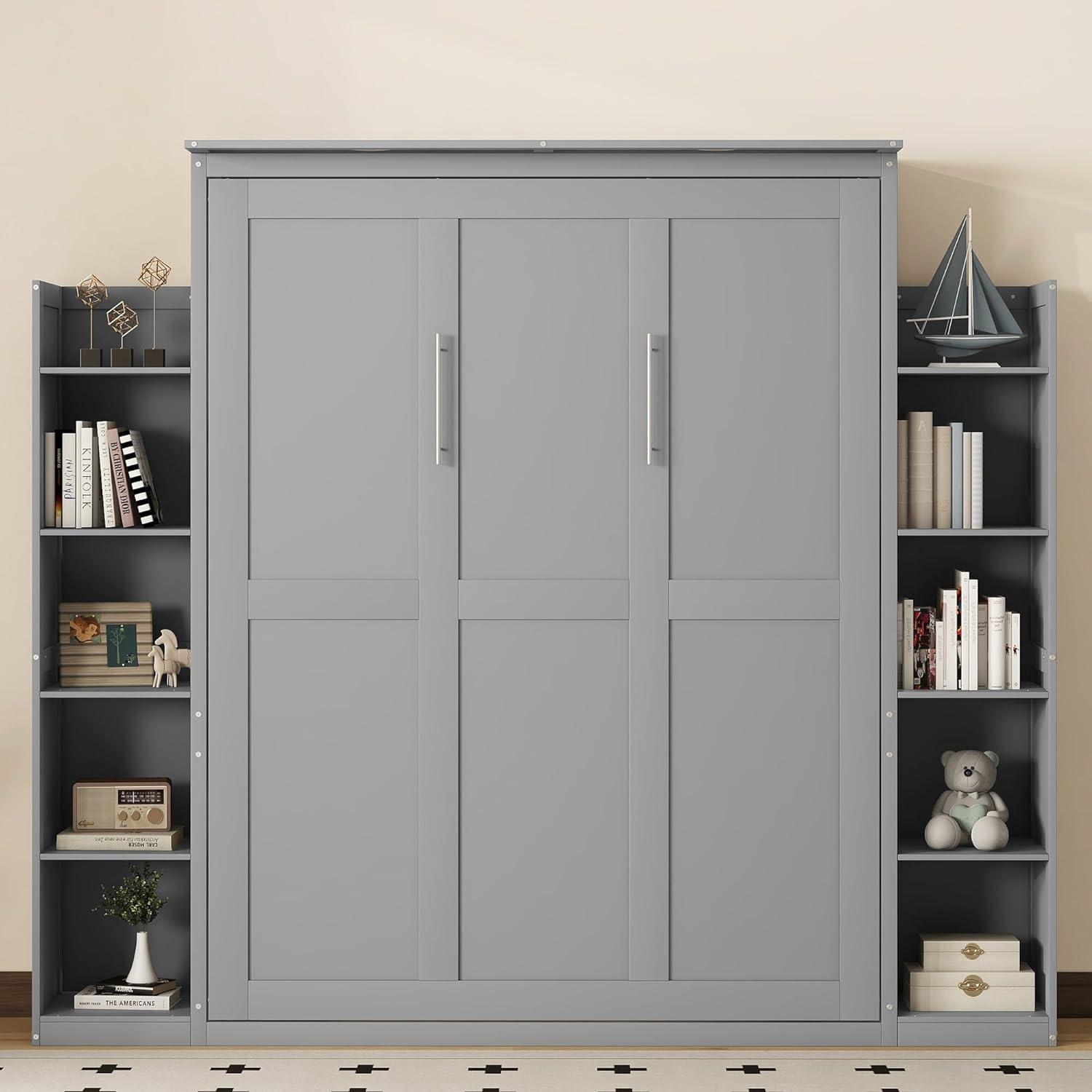 Gray Queen Size Murphy Bed with Shelves and LED Lights