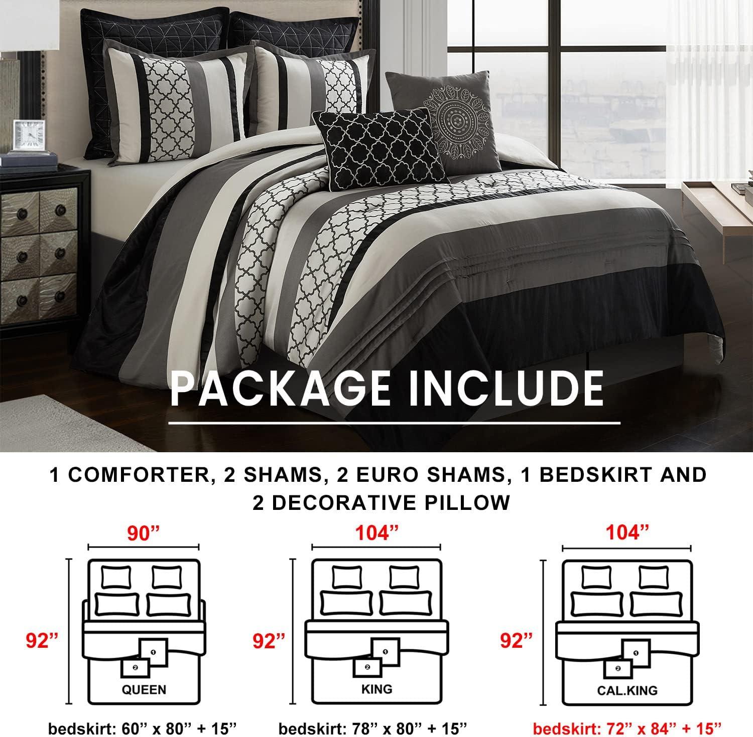 Nanshing Avalon 8 Piece Trellis Moroccan Print Comforter Set, Black/Grey, King