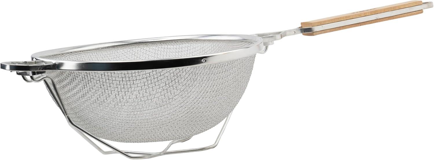Winco Reinforced Double Mesh Strainer, Flat Handle, Stainless Steel, 10.5" dia