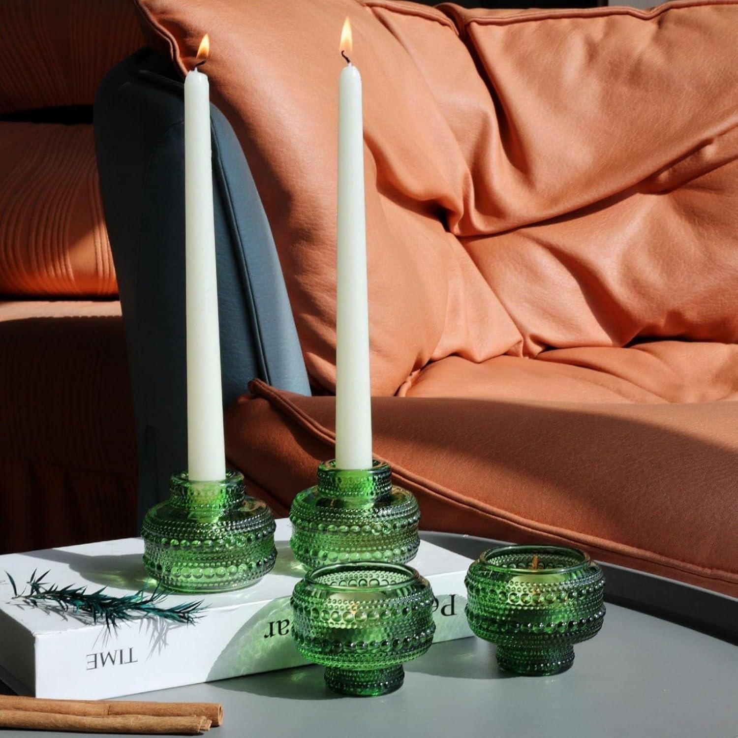 Green Ribbed Glass Reversible Candlestick Holders, Set of 4