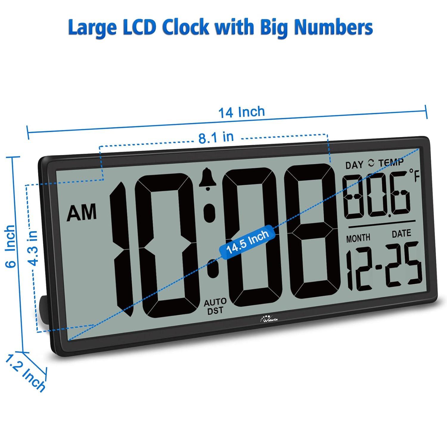 14.5" Large Digital Wall Clock Battery Operated with Jumbo Numbers Digits LCD Screen Display,Temperature,Day and Date,Alarm,Easy to Read and Set, Auto DST for Bedroom,Office,Living Room（Black）