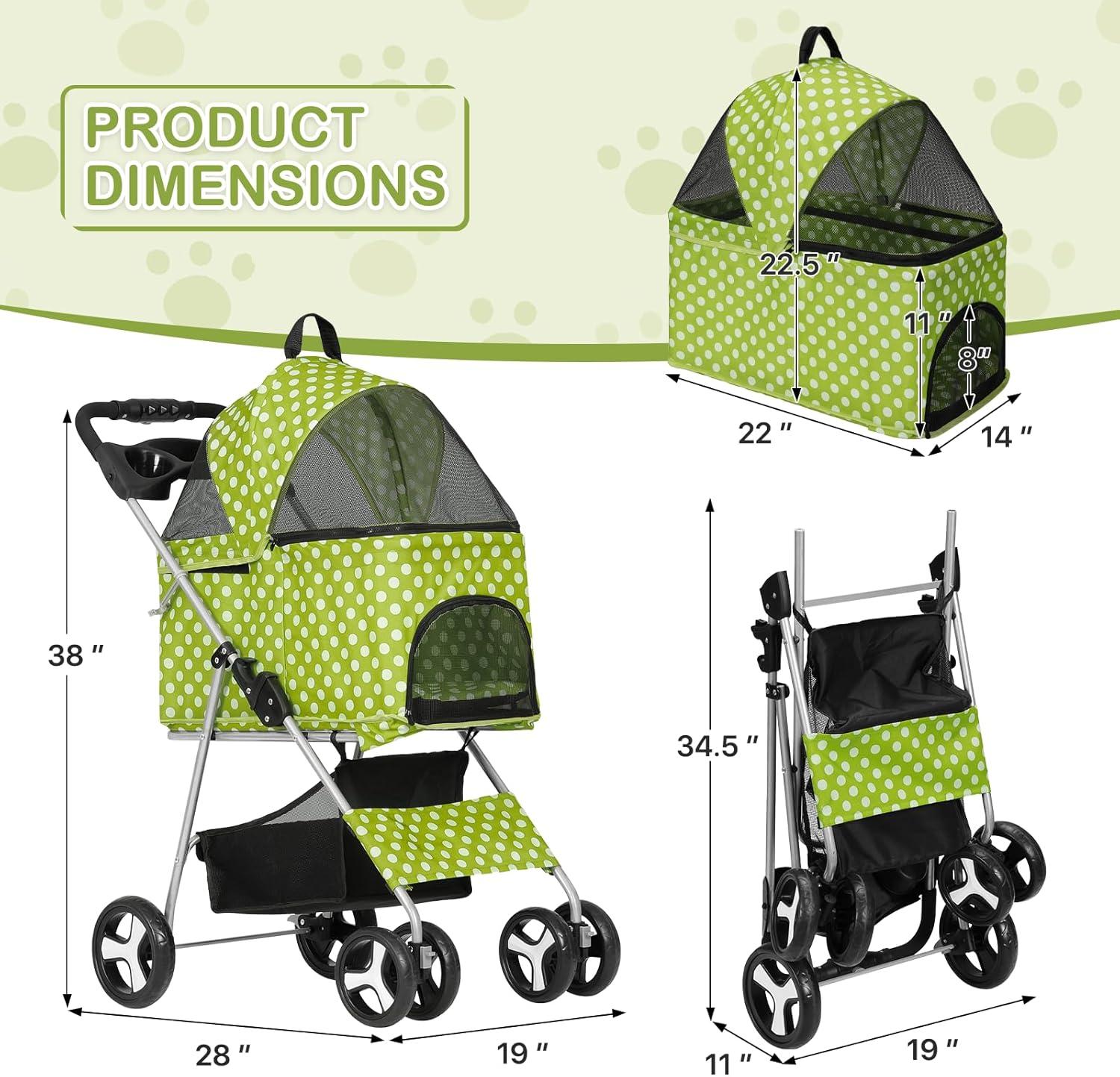 MoNiBloom 4 Wheel Foldable Dog Pet Stroller with Cup Holder, Lawn Green with White Polka Dots