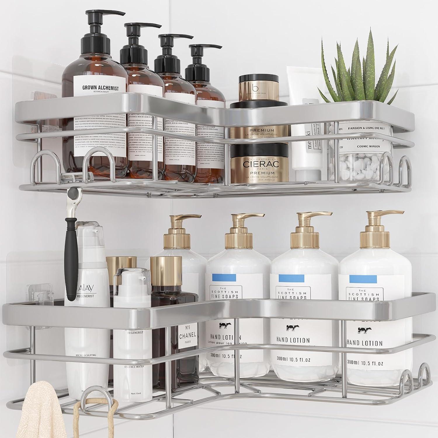 Corner Shower Caddy - 2 Pack, Adhesive Shower Organizers, Rustproof Stainless Steel Shower Shelves with 8 Hooks, No Drilling Bathroom Organizers and Storage Racks, Space-Saving, Silver, Medium