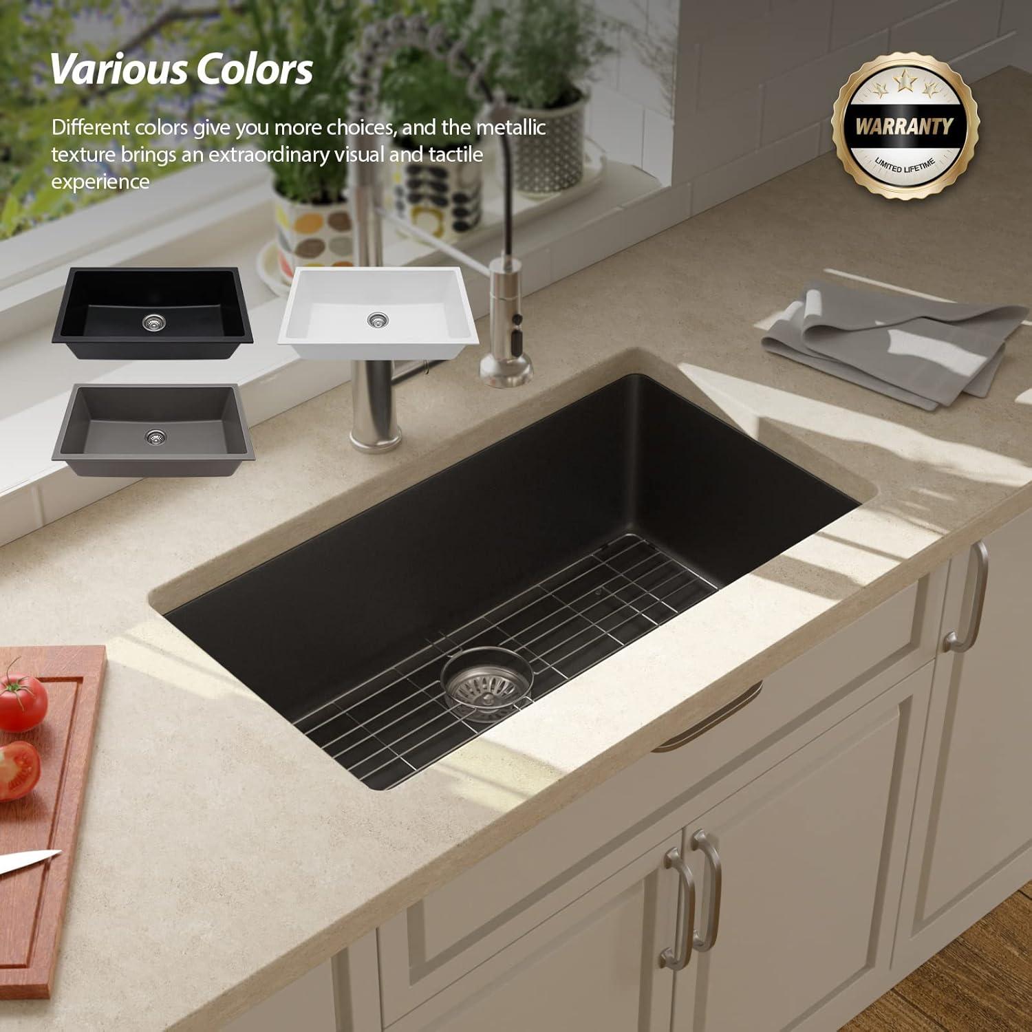 Davivy 33 Inch Black Granite Composite Kitchen Sink Workstation, 33 X 22 Quartz Composite Dual Mount Sink, Matte Black Composite Single Bowl Sink