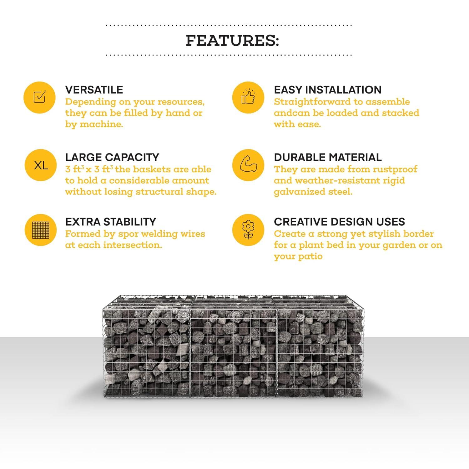 AdirPro Heavy Gauge Welded Gabion Basket, 3 Cubic Feet, 3 pack