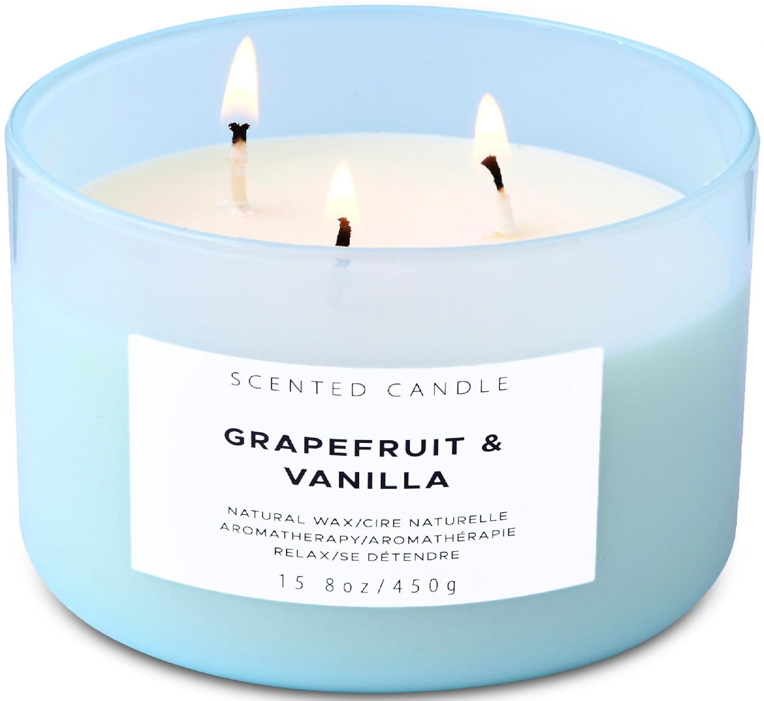 Grapefruit Vanilla Aromatherapy Candle 3 Wick Large Soy Scented Candles for Men and Women 15.8 Oz
