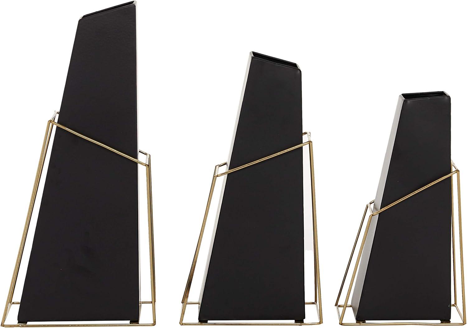 DecMode 10", 12", 14"H Black Metal Vase with Gold Wire Accents, Set of 3