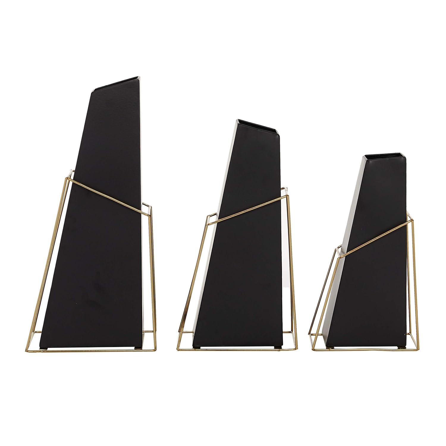 DecMode 10", 12", 14"H Black Metal Vase with Gold Wire Accents, Set of 3