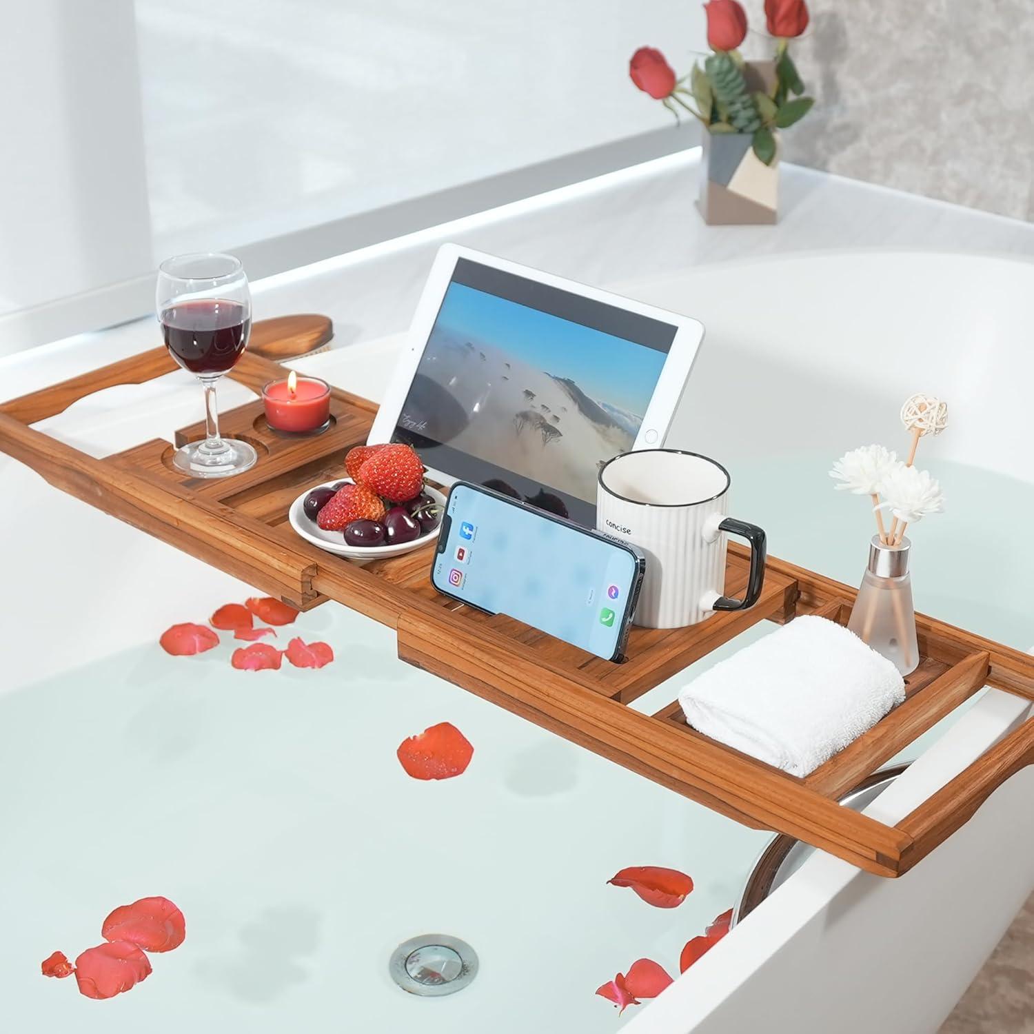 Teak Expandable Adjustable Bathtub Tray with Book and Wine Holder