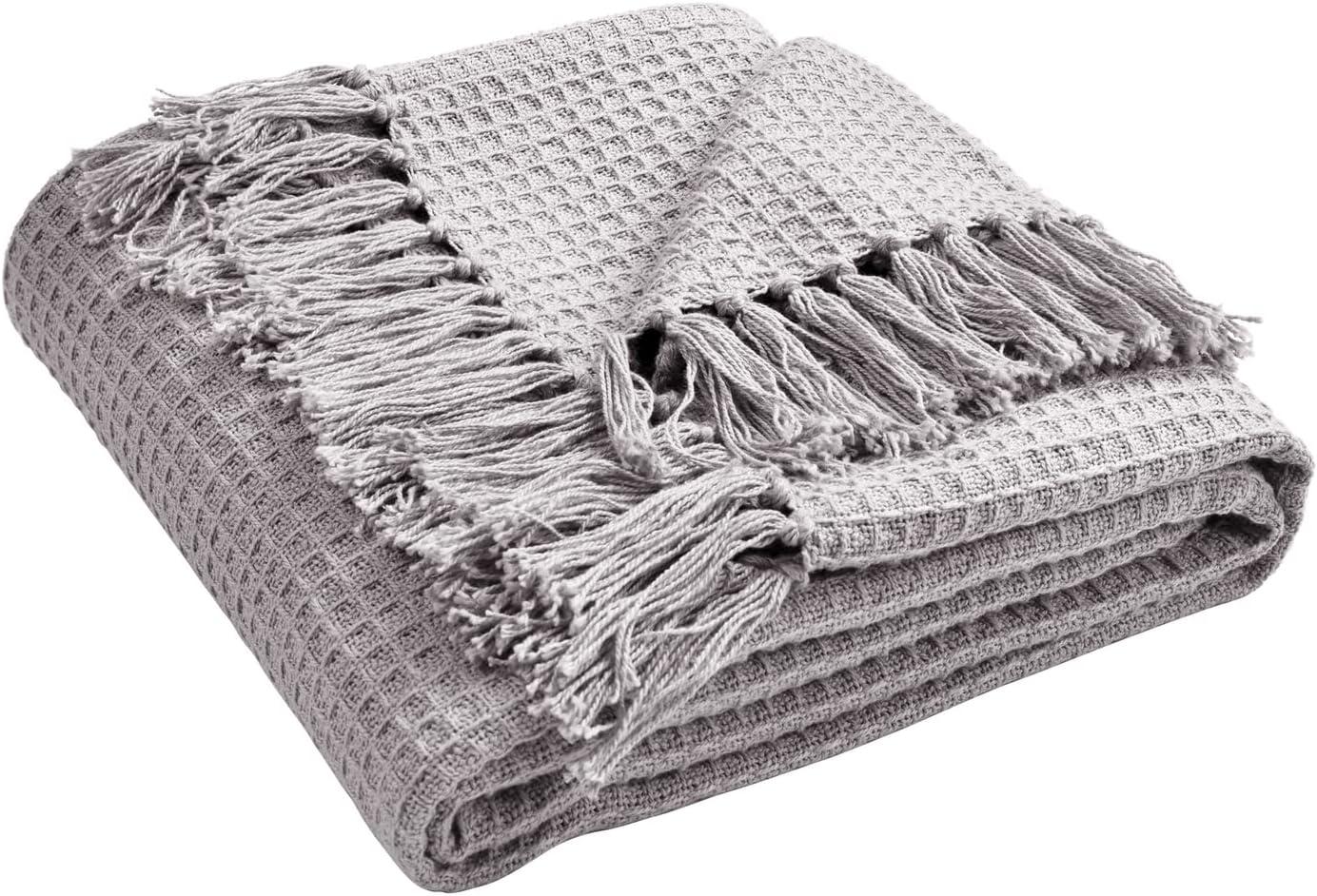 Light Gray Cotton Waffle Knit Throw Blanket with Tassels