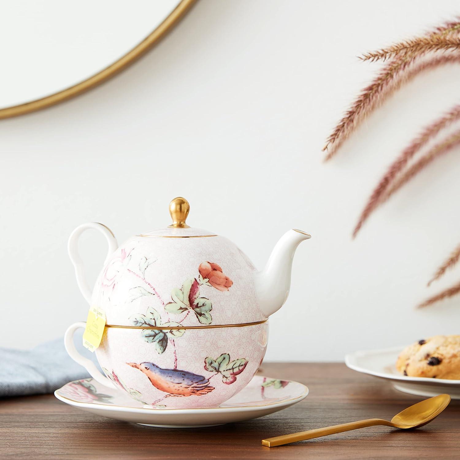 Floral Multicolor Bone China Teapot and Teacup Set