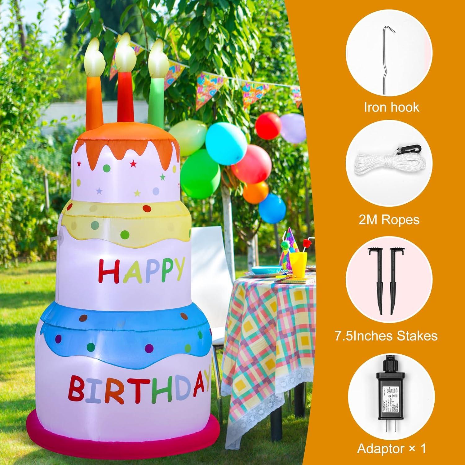AJY 6 Feet Birthday Inflatable Happy Birthday Inflatable Cake with Candle Blow Up Inflatable Indoor Outdoor Yard Lawn Decoration Clearance