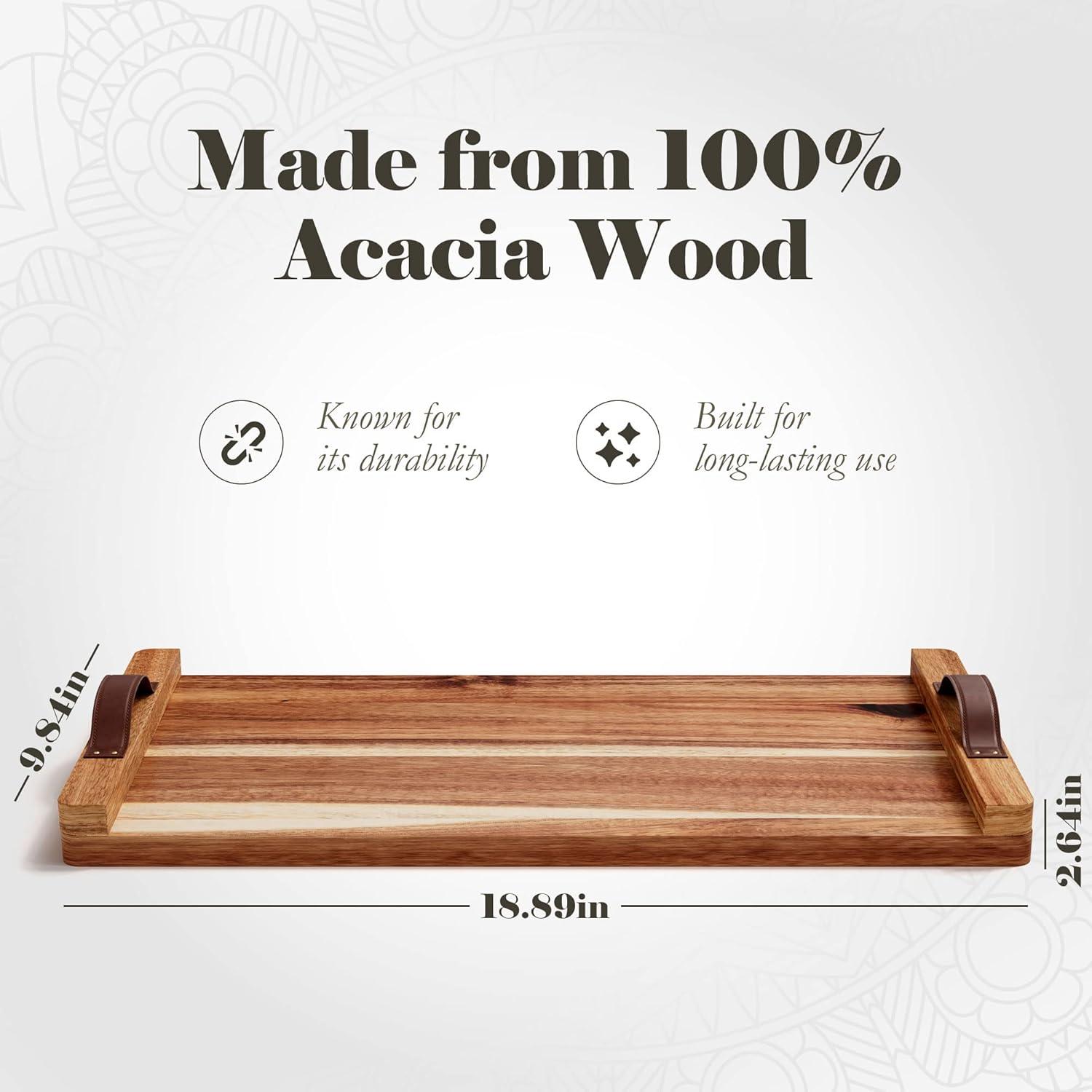 American Atelier Acacia Wood Rectangular Tray with Leather Handles, Serving Platters, Wooden Board for Cheese, Meats, Snack or Charcuterie, 18” x 9”