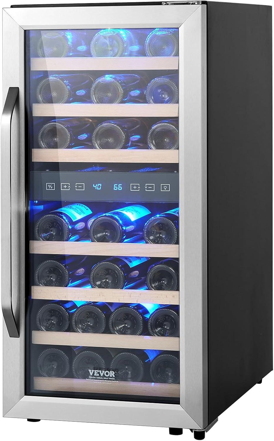 33-Bottle Dual Zone Black Stainless Steel Wine Cooler with LED Lighting