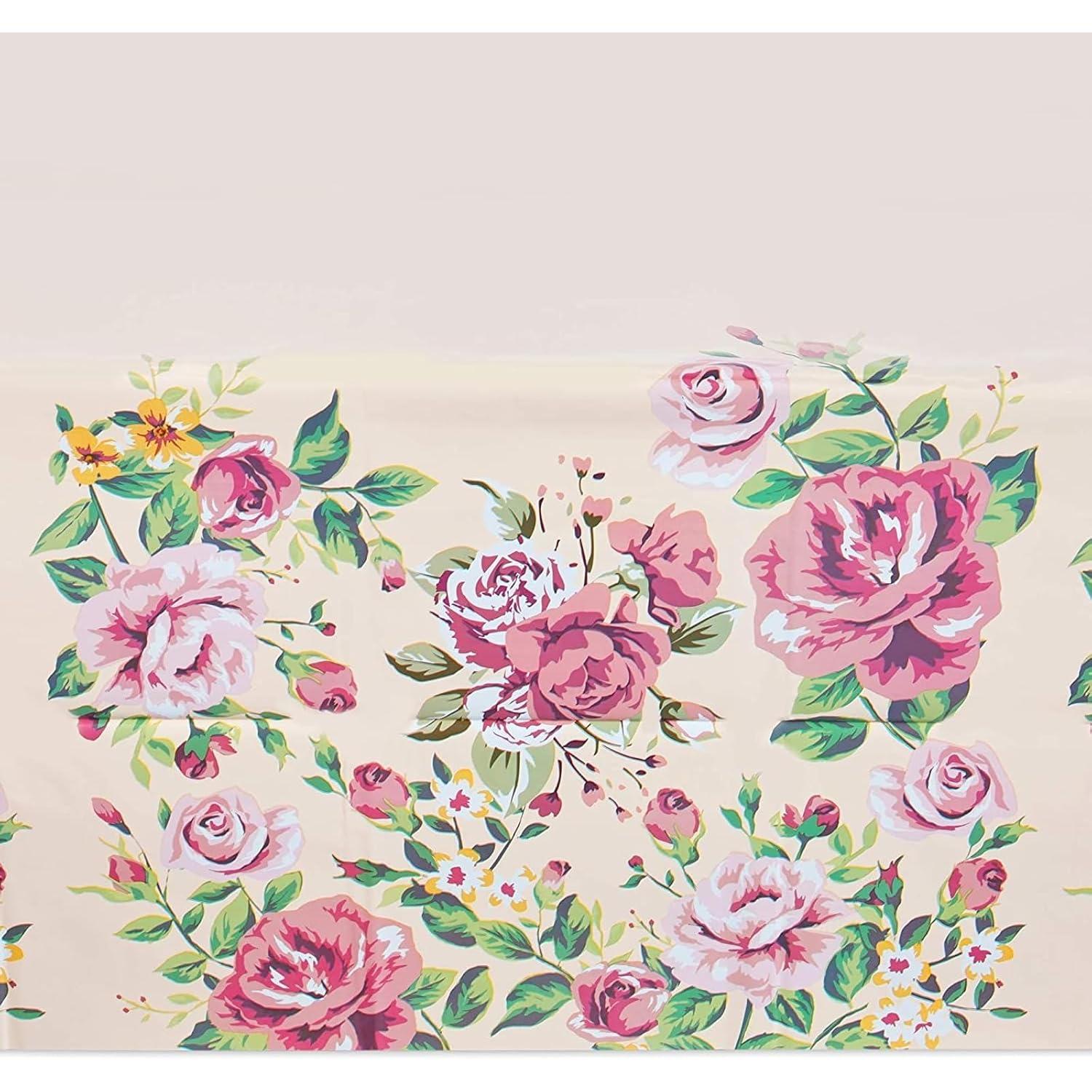 3 Pack Floral Pink Rose Tablecloth, Plastic Table Cover for Wedding, Birthday Party Decorations (54 x 108 in)