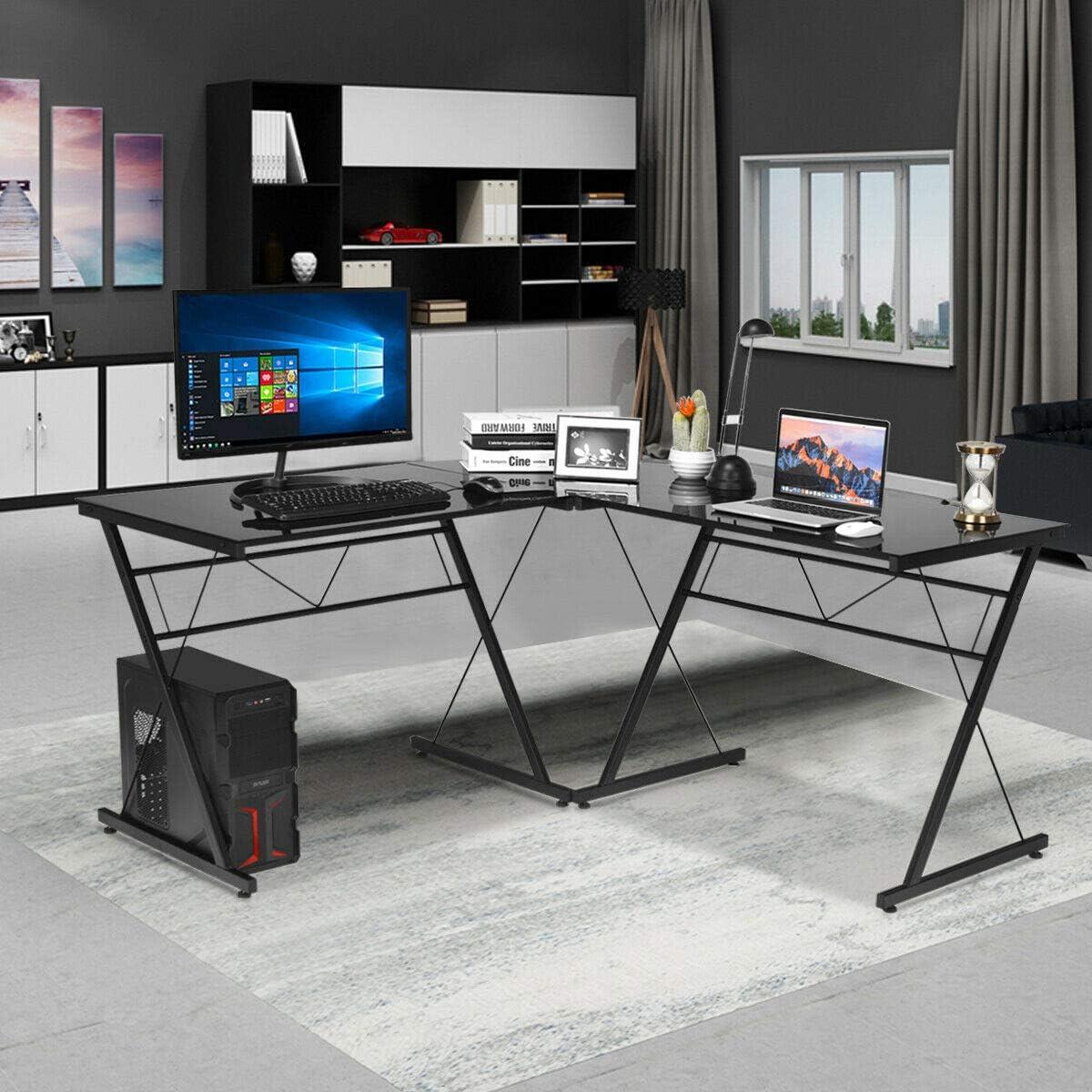 Tangkula L-Shaped, Corner, Modern Simple Style 3-Piece Metal Frame Study Laptop Desk Writing Gaming Table, Computer Workstation Top, Home Office Studio, Black