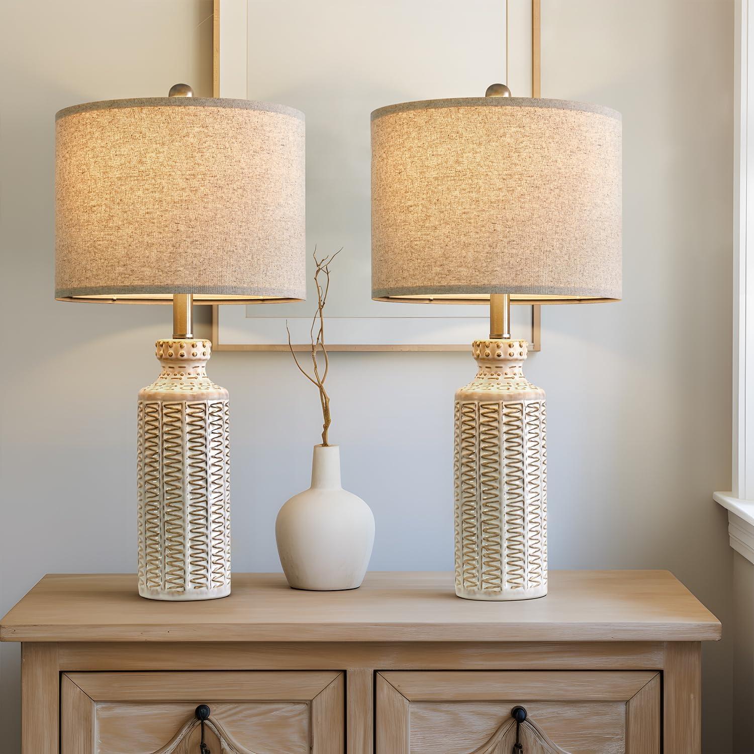 23" Modern Ceramic Table Lamp Set of 2 for Living Room White Desk Lamps for Bedroom Farmhouse Bedside Nightstand Bedside Lamp End Table Lamps Beige