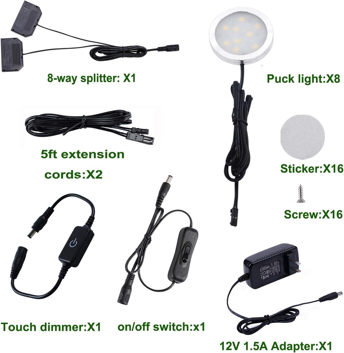 LED Under Cabinet Puck Lights Kit with Touch Dimming Switch for Ambiance Atmosphere Night Lighting 8 Lights