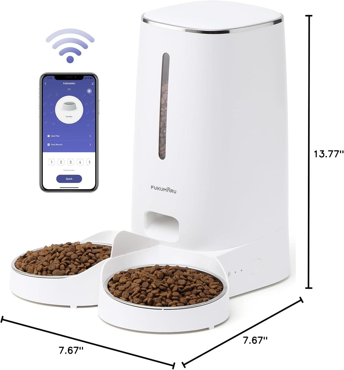 FUKUMARU Automatic Cat Feeder, 4L Dog Feeders with Double Bowls, Support DIY Meals and Timed Control WiFi Cat Food Dispenser, Suit for Most Cat and Dog Food C49