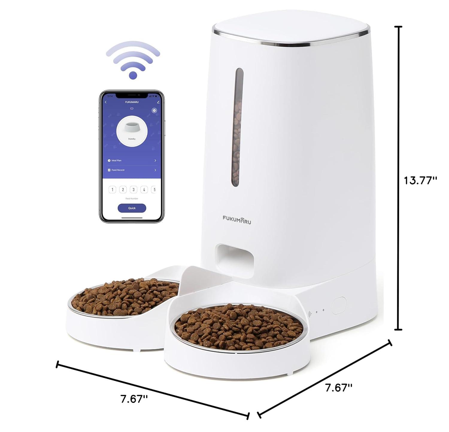 FUKUMARU Automatic Cat Feeder, 4L Dog Feeders with Double Bowls, Support DIY Meals and Timed Control WiFi Cat Food Dispenser, Suit for Most Cat and Dog Food C49