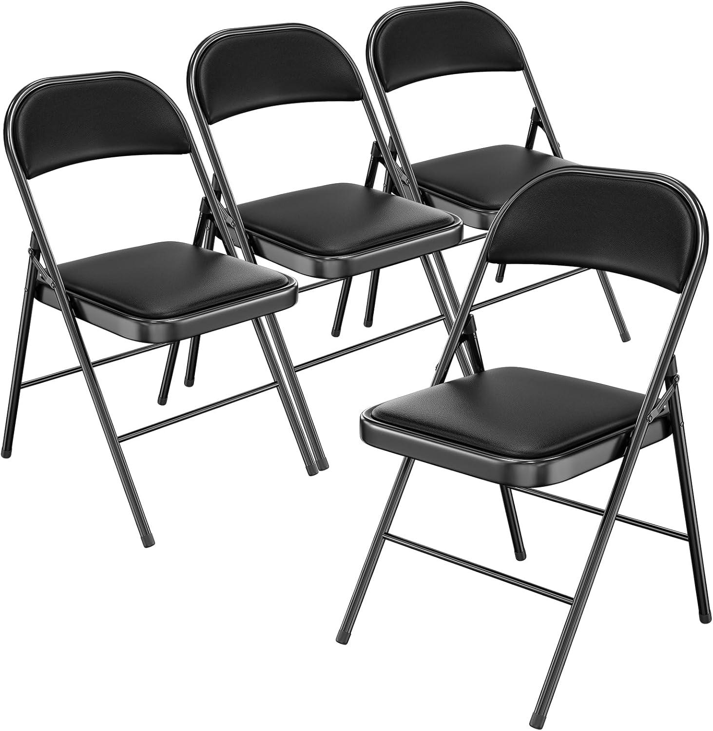 VENI 4-Pack Vinyl-Padded 30" Metal Folding Steel Chairs  Adult Foldable Chair 4 Pack, Black