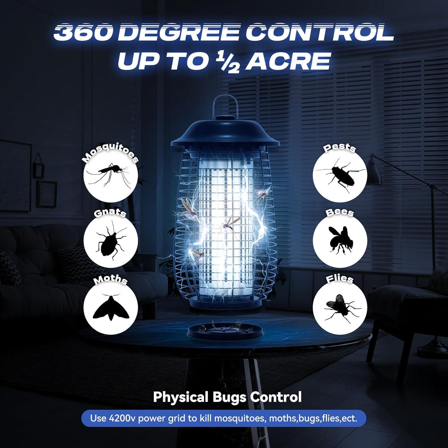 Bug Zapper Indoor & Outdoor, 4200V Electric Mosquito Zapper, 10 Years Lifespan, 6.5ft Power Cord, Waterproof, Fly Trap Mosquito Trap, Fly Killer Fly Zapper for Home, Patio, Kitchen, Backyard, Camping