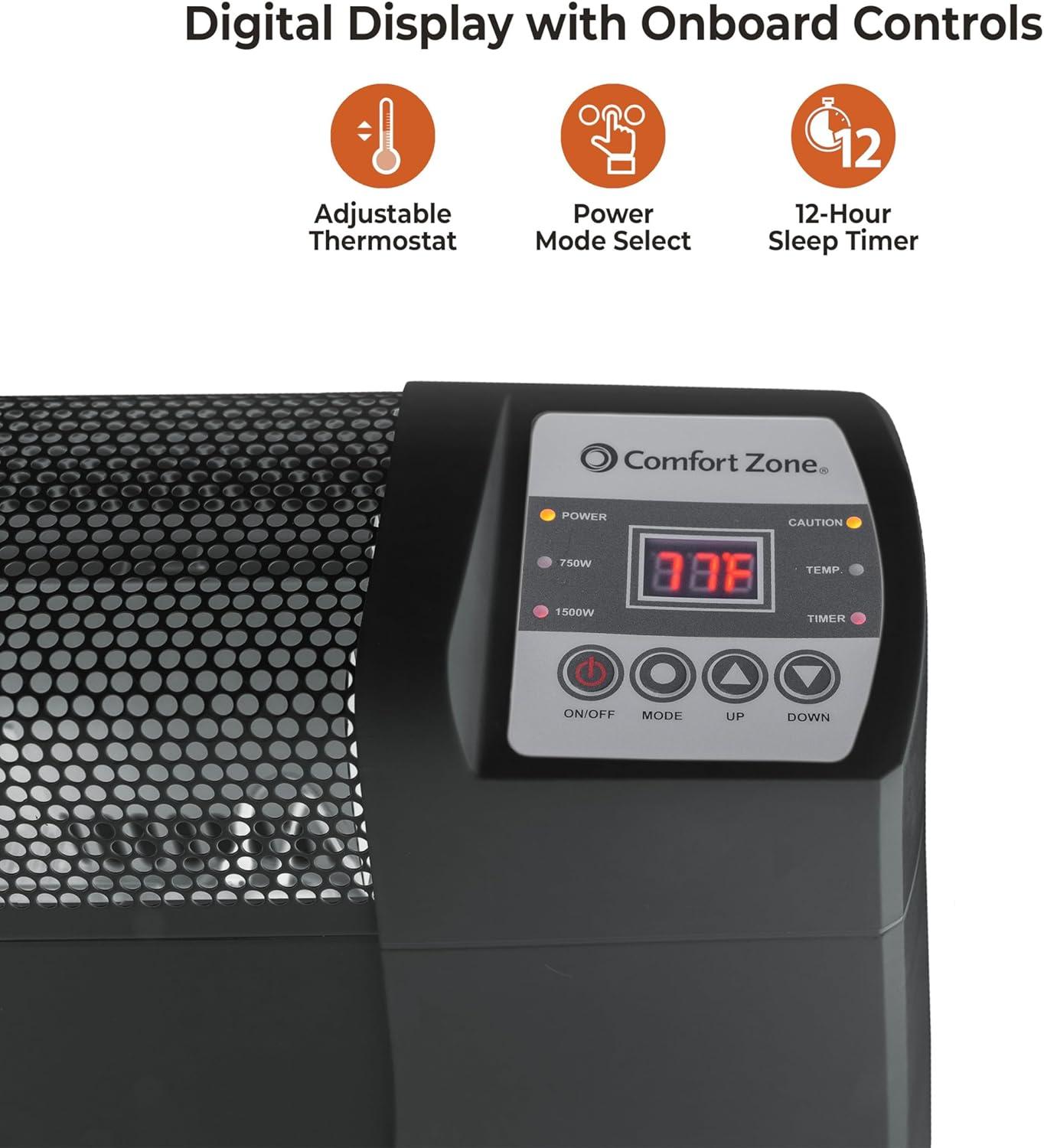 Comfort Zone Baseboard Space Heater with Digital Thermostat, Electric, Dent-Proof End Panels, Overheat Protection, Tip-Over Switch, & Stay-Cool Body, Ideal for Home, Bedroom, & Office, 1,500W, CZ650B