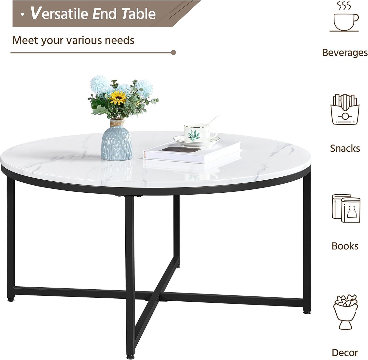 Yaheetech Faux Marble Coffee Table, Modern Round Accent Table with X-Base & Metal Frame, 35.5in Center Tables for Living Room & Dining Room, White and Black