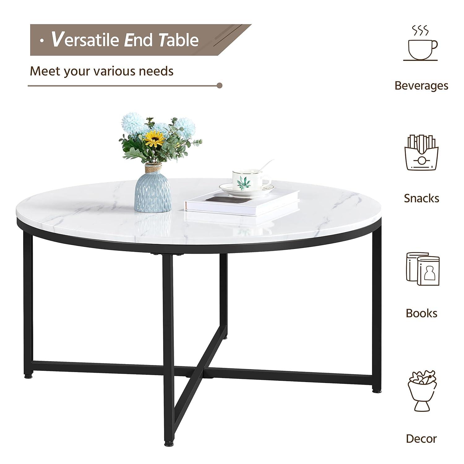 Yaheetech Faux Marble Coffee Table, Modern Round Accent Table with X-Base & Metal Frame, 35.5in Center Tables for Living Room & Dining Room, White and Black