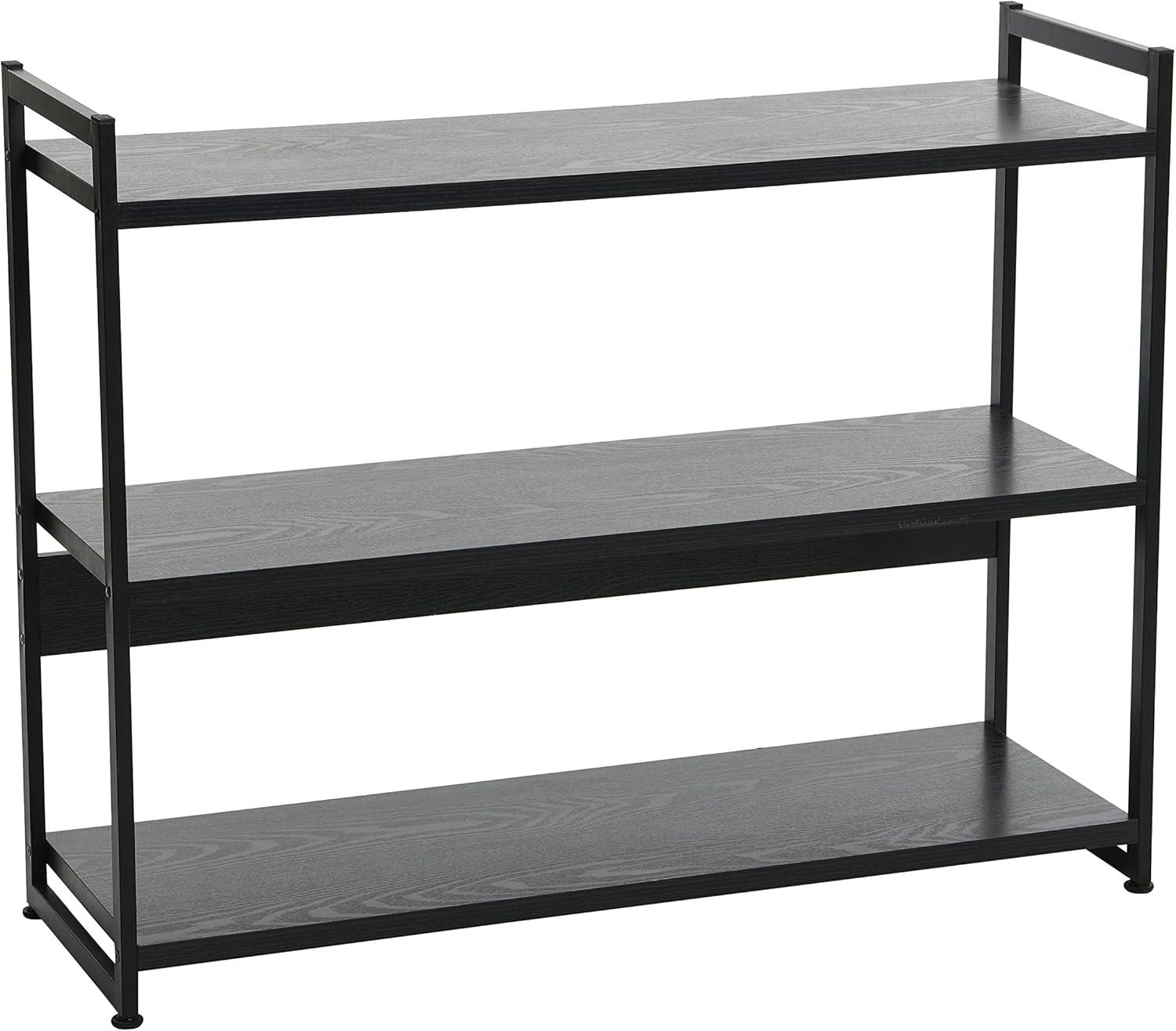 Sleek Black Oak 3-Tier Wide Bookshelf with Metal Frame